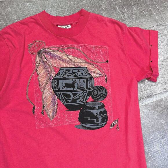 Vintage 90s Southwest Pottery Art Shirt Womens L Coral Cuffed Rivets USA Made - Picture 2 of 8